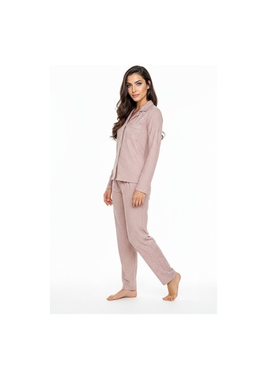 Luxury Soft Pudra Kareli Uzun Kollu Kadın Pijama Takımı 3049 Pudra