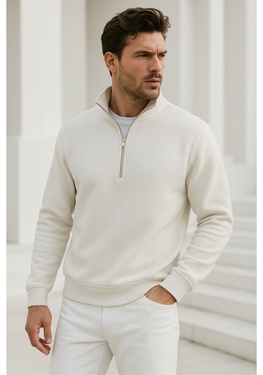 Rich Erkek Ekru Yarım Fermuarlı Sweatshirt Ekru