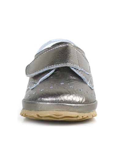 Hakiki Deri Platin Simli Cırtlı Bebek Patik Ayakkabı Gri