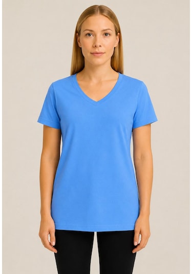 Axxel Kadın Mavi Kısa Kollu Pamuklu Oversize Rahat Kesim T-shirt-d804-k