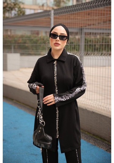 Tesettür Eşofman Takımı Fermuarlı Ikili - Tunik Pantolon Siyah - Beyaz 474 Siyah - Beyaz