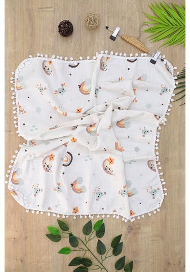 Kız Erkek Bebek Çift Katlı Ponponlu Müslin Kundak Battaniye Stl6907 Beyaz - Fuşya