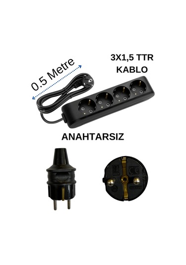 Avarson 4'lü Dörtlü Priz Topraklı Kablolu Siyah 3x1,5 Ttr 0,5 Yarım Metre