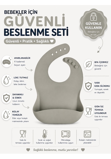 Jojobebek Çocuk Silikon Mama Önlüğü Gri Renk
