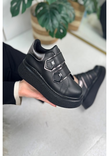 Günlük Kadın Sneaker Cırt Cırtlı Yüksek Topuk Tırtıklı Kaymaz Taban Yürüyüş Spor Ayakkabı 251 Siyah