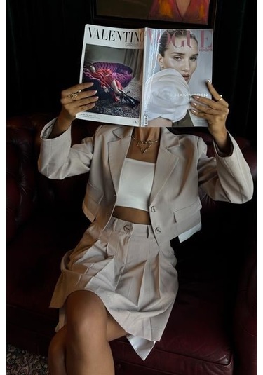 Crop Ceketli Ve Pile Etekli Garnili Takım 10111 Karışık