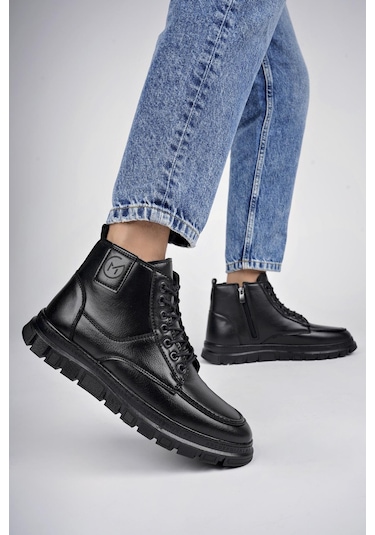 Muggo Gilberto Garantili Fermuarlı Bağcıklı Kürklü Hafif Taban Erkek Bot Siyah