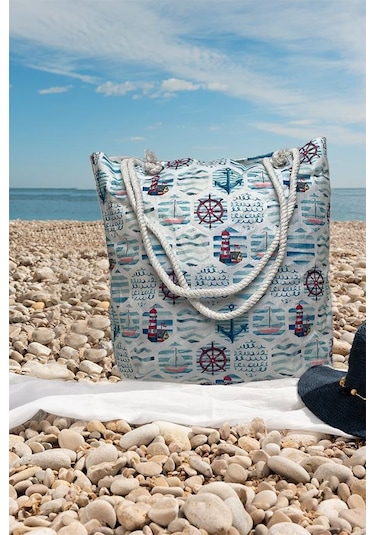 Deniz Desenli Fermuarlı Omuzdan Askılı 45x40 Cm Mavi Plaj Çantası Mavi