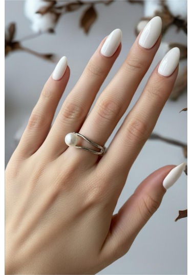 İncili Gümüş Renkli Ayarlanabilir Luna Çelik Yüzük Gümüş