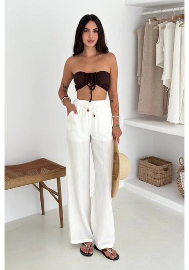 Beli Lastikli Geniş Paça Pantolon Beyaz Beyaz