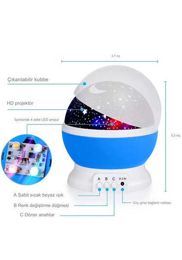 Dekoratif Çocuk Odası Gece Lambası Projeksiyon Dönen Ay Yıldız Mavi