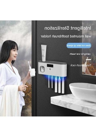 Bosphorusboutique02 Gri Elektrikli Diş Fırçası Uv Sterilizasyon Kurutma Tutucu Duvara Monte Diş Macunu Sıkacağı Banyo Organizatör Aksesuarları Set Gri Gri