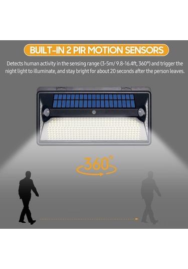 Youtek Solar Duvar Lambası, 360 Led Işıklı, Hareket Sensörlü, Ip44 Su Geçirmez, Bahçe/çatı İçin, Siyah, Tekli Paket İçinde Li-pil