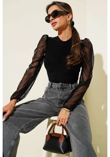 Biçomi Dik Yaka Tül Kollu Bluz Siyah T3066 Siyah