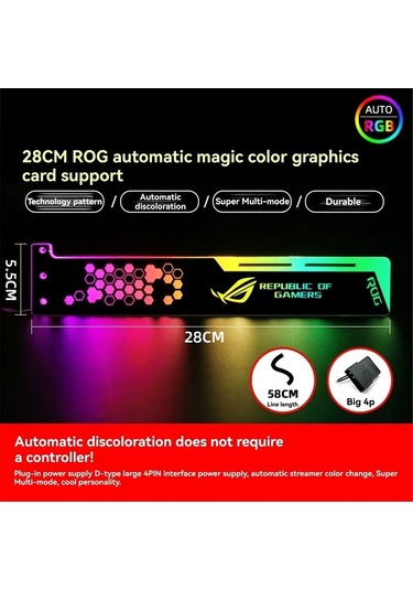 Geeksen 28cm Rgb Işıklı Ekran Kartı Destekçisi - 5v 4pin Besleme, Büyük 4pın Arayüzü, Renkli Led Işık