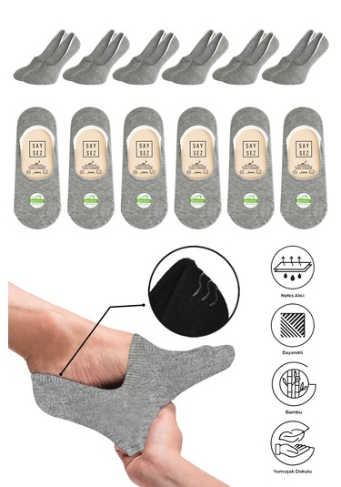 Bambu Kadın Babet Gri Melanj Çorap Dikişsiz Görünmez Kaymaz Topuk Gri Melanj