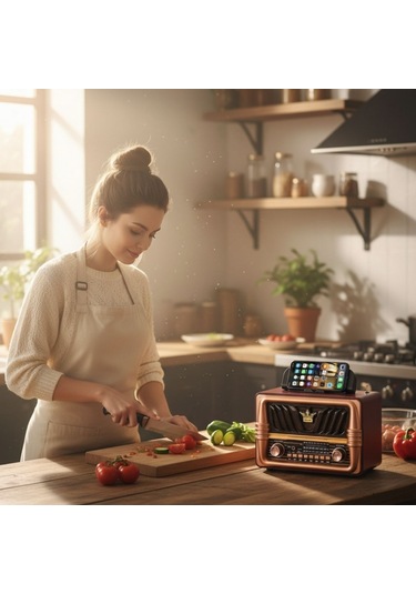 River World Ahşap Retro Tasarımlı Radyo Bluetooth Hoparlörlü Şarjlı Büyük Boy Telefon Tutma Saplı