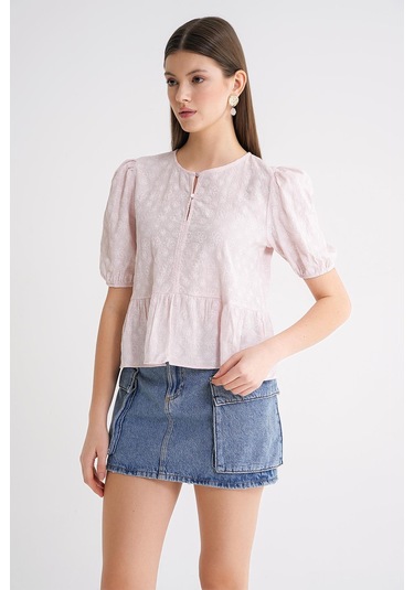 4688 Kadın Balon Kol Çiçek Desenli Peplum Bluz Pembe Pembe