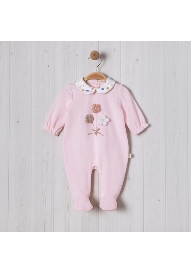 Örme Çiçek Aksesuarlı Kız Bebe Tulum Pembe