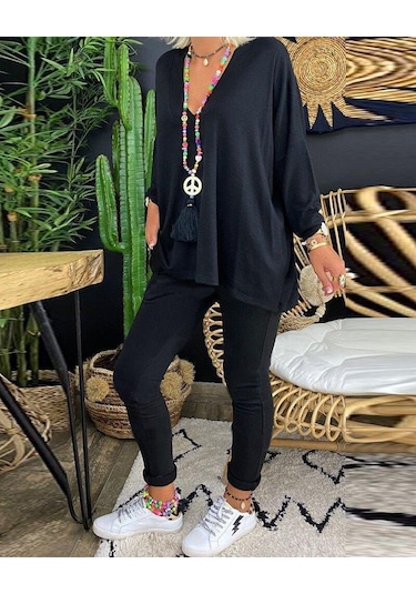 Kadın Uzun Kollu Derin V Yaka Ön Kısa Arka Uzun Viskon Bluz Siyah