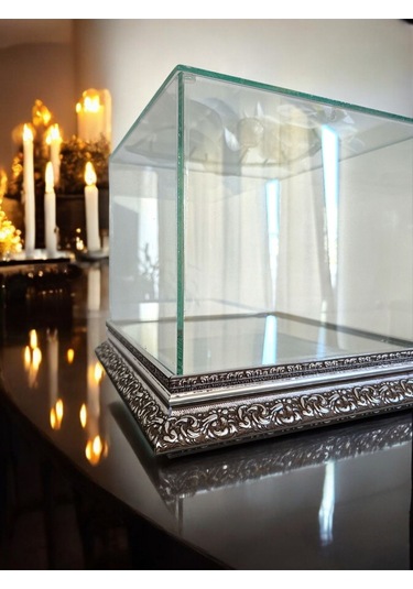 Cam İşlemeli Gümüş Söz Nişan Bohça Kutusu 25 25 Cm