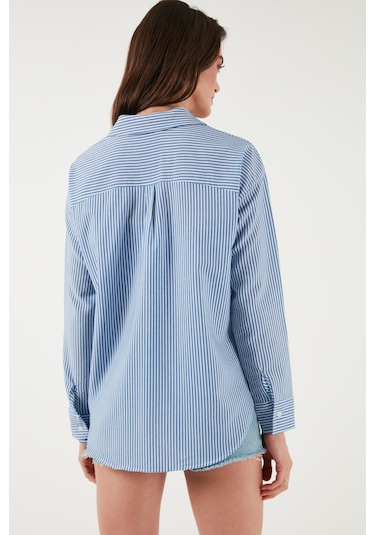 Lela Regular Fit Uzun Kollu Cepli Çizgili Bayan Gömlek 6772895 Indigo