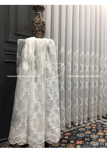 Tül Perde Taç Marka Etek Geniş Kurdale Nakış Işleme -26295 Çok Renkli