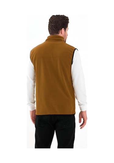 Erkek Tam Fermuarlı Spor Polar Yelek Camel