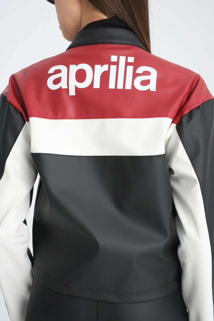 Kadın Oversize Baskılı Deri Şeritli Motorcu Montu Garnili Fermuarlı Yarışçı Ceketi Bomber Kolej Mont Kırmızı