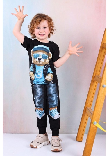 Erkek Çocuk Ayı Desenli Kısa Kollu Tshırt Eşofman 2'li Takım-1095 Siyah