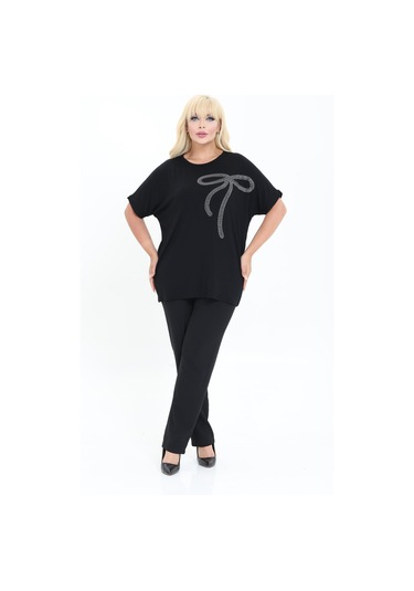 Kurdele Tasarım Taş Detaylı Bambu Yarasa Kol Bluz M-6xl Siyah