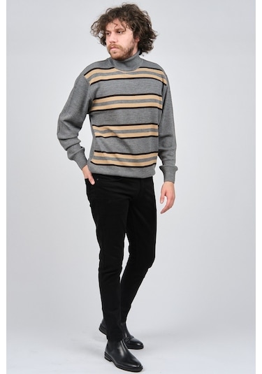 Mısırlı Erkek Tam Balıkçı Çizgili Yün Kazak 3869077 Gri Gri