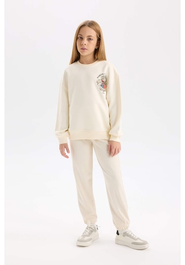 DeFacto Kız Çocuk Relax Fit Bisiklet Yaka Baskılı İçi Yumuşak Tüylü Sweatshirt D4272A824WNER233 Ekru