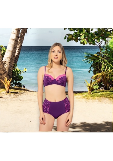Shopiolog Kadın Lazer Kesimli Sütyen Kaplı Bikini Mor
