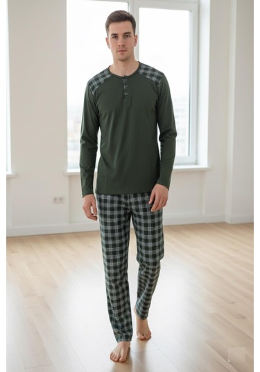 Erkek İnterlok Rahat Kalıp Sıfır Yaka Pamuk Pijama Takımı 6779 Haki