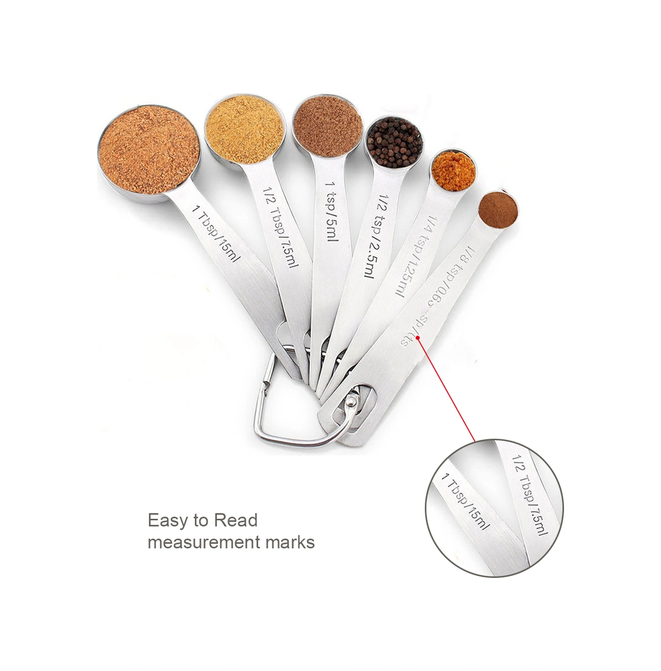 Youtek 6'lı Paslanmaz Çelik Ölçü Kaşığı Seti - Hassas Ölçüm, Gölgeli Markalar, D-ring İle Birleşik - Hamur İşleme, Baharat Ve Likit Malzemeler İçin Diğer