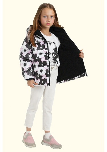 Kız Çocuk Pusula Desen Polar Su Ve Rüzgar Geçirmez Kapüşonlu Şişme Kışlık Mont Beyaz