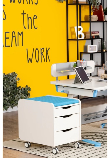 Creo Mobili Çekmeceli Tekerlekli Sirius Keson, Oturulabilir Ofis Ve Ev Komodini, Ekru/mavi