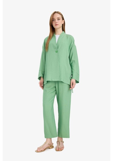Defacto Relax Fit Krinkıl Kumaş Uzun Kollu Kimono Tunik E1109ax25smgn769 Yeşil