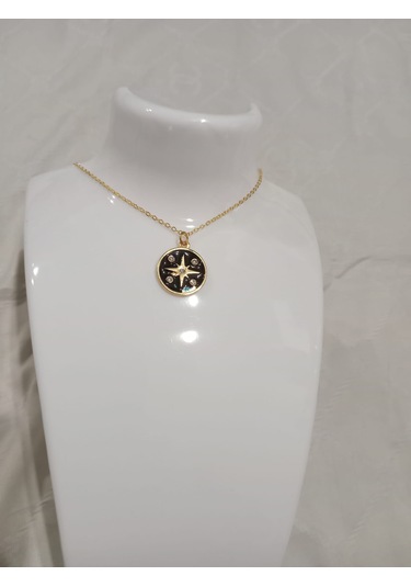 Yuvarlak Siyah Kuzey Yıldızı Kolye Siyah