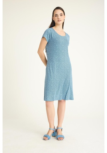 Dökümlü Rahat Kalıp Günlük Penye Kumaş Elbise Mavi