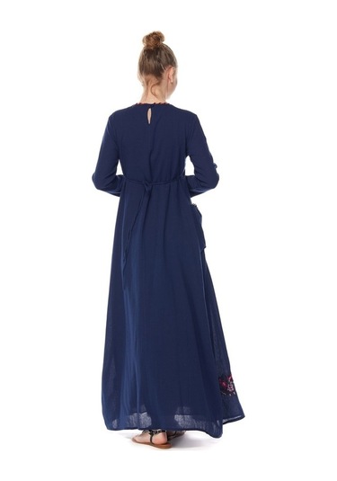 Şile Bezi Lacivert Uzun Kollu Nakış Detaylı Elbise