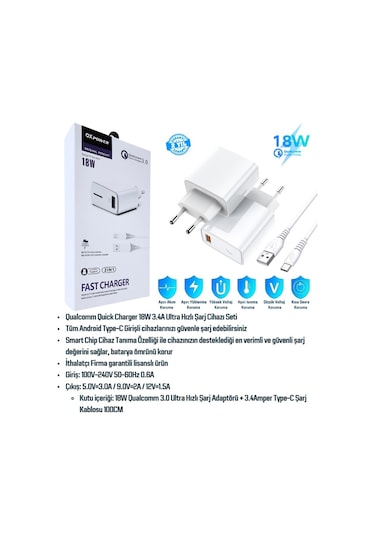 Oppo Reno 2 Uyumlu 18W 3.4A Type-C Ultra Hızlı Şarj Cihazı - İthalatçı Garantili