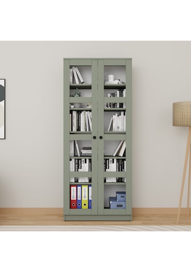 Lucas Cam Kapaklı Vitrin - Büfe - Kitaplık Ve Çok Amaçlı Dolap Ayarlanabilir Raf - Yeşil Yeşil