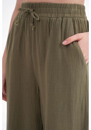 4286 Kadın Bol Paça Beli Lastikli Müslin Palazzo Pantolon Haki Haki