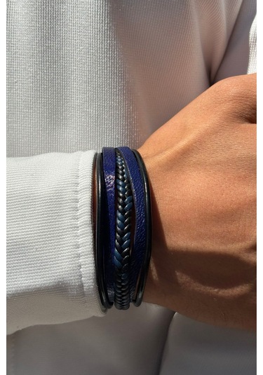 Mavi Siyah Örgülü El İşçiliği İle Üretilmiş Hakiki Deri Erkek Bileklik Mavi - Siyah