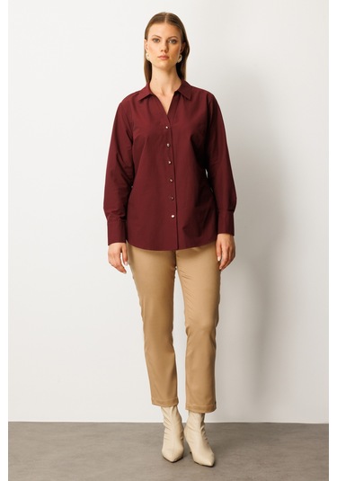 Ekol Kadın Büyük Beden Önü Düğmeli Polo Yaka Gömlek 3549 Bordo Bordo