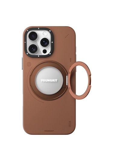 iPhone Uyumlu 16 Pro Max Kılıf Magsafe Özellikli 360 Standlı Deri Desenli Youngkit Tech Leather Serisi