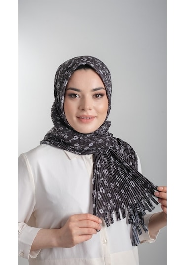 Siyah Pratik Hazır Geçmeli Tesettür Eşarp Kesik Elyaf Piliseli Çi (553630033) Siyah