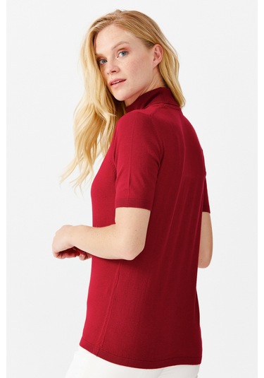 Desen Triko Kadın Likralı Kısa Kollu Tam Balıkçı Bluz 20346 Kırmı Kırmızı